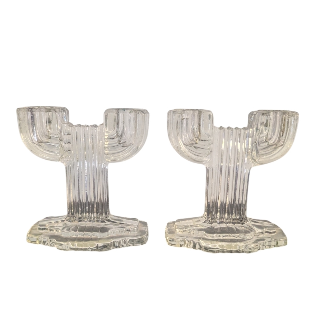 Vintage Anchor Hocking Glass Queen Mary Double Candlestick Holders